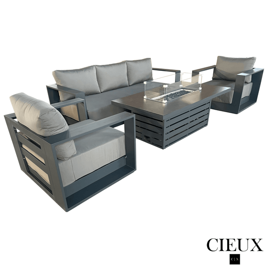 CIEUX Sofa Set Lyon 4 Piece Outdoor Patio Aluminum Metal Sofa and 2 Club Chairs Conversation Set with Alsace Fire Pit Adjustable Height Table in Midnight Grey with Sunbrella Cushions - Available in 2 Colours
