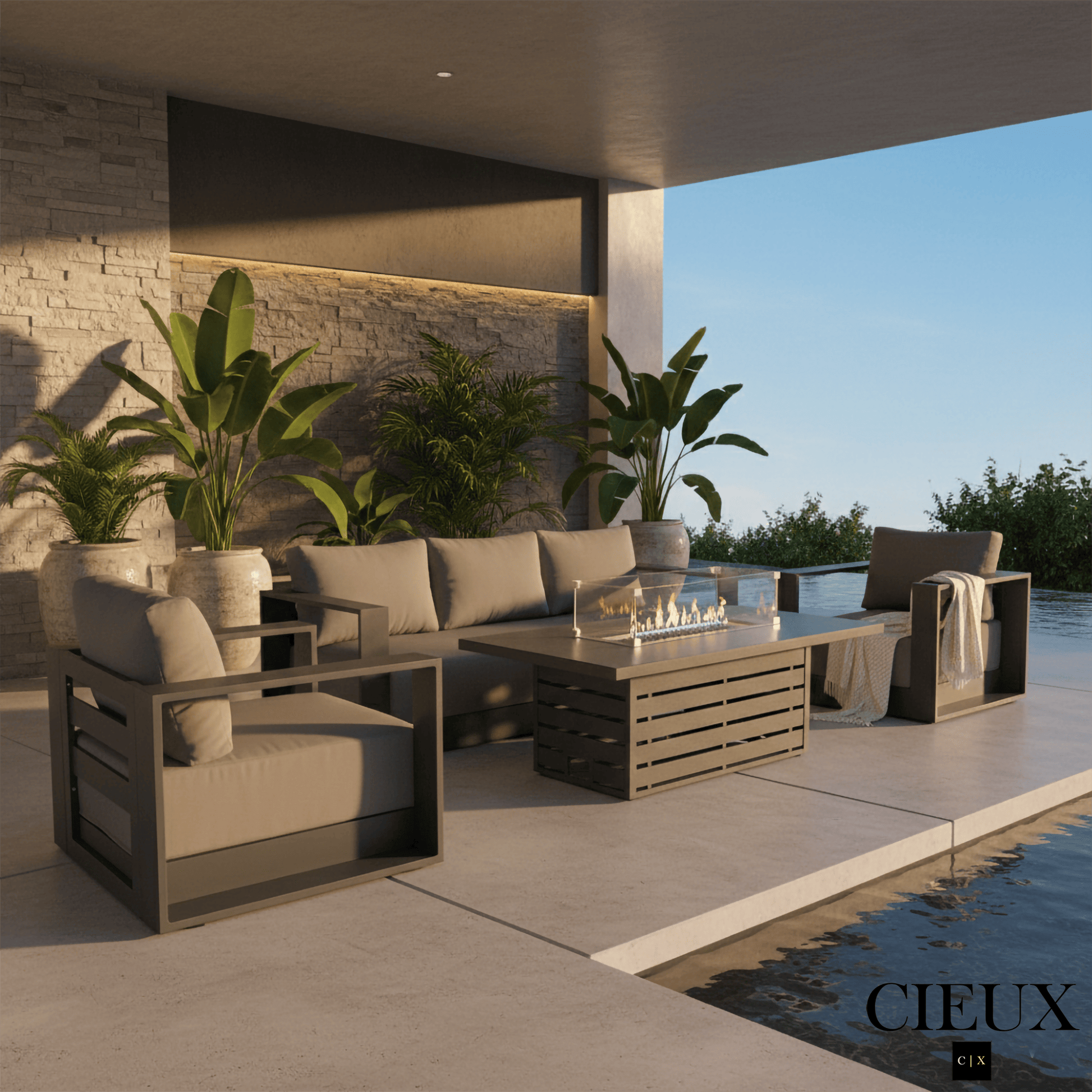 CIEUX Sofa Set Lyon 4 Piece Outdoor Patio Aluminum Metal Sofa and 2 Club Chairs Conversation Set with Alsace Fire Pit Adjustable Height Table in Midnight Grey with Sunbrella Cushions - Available in 2 Colours