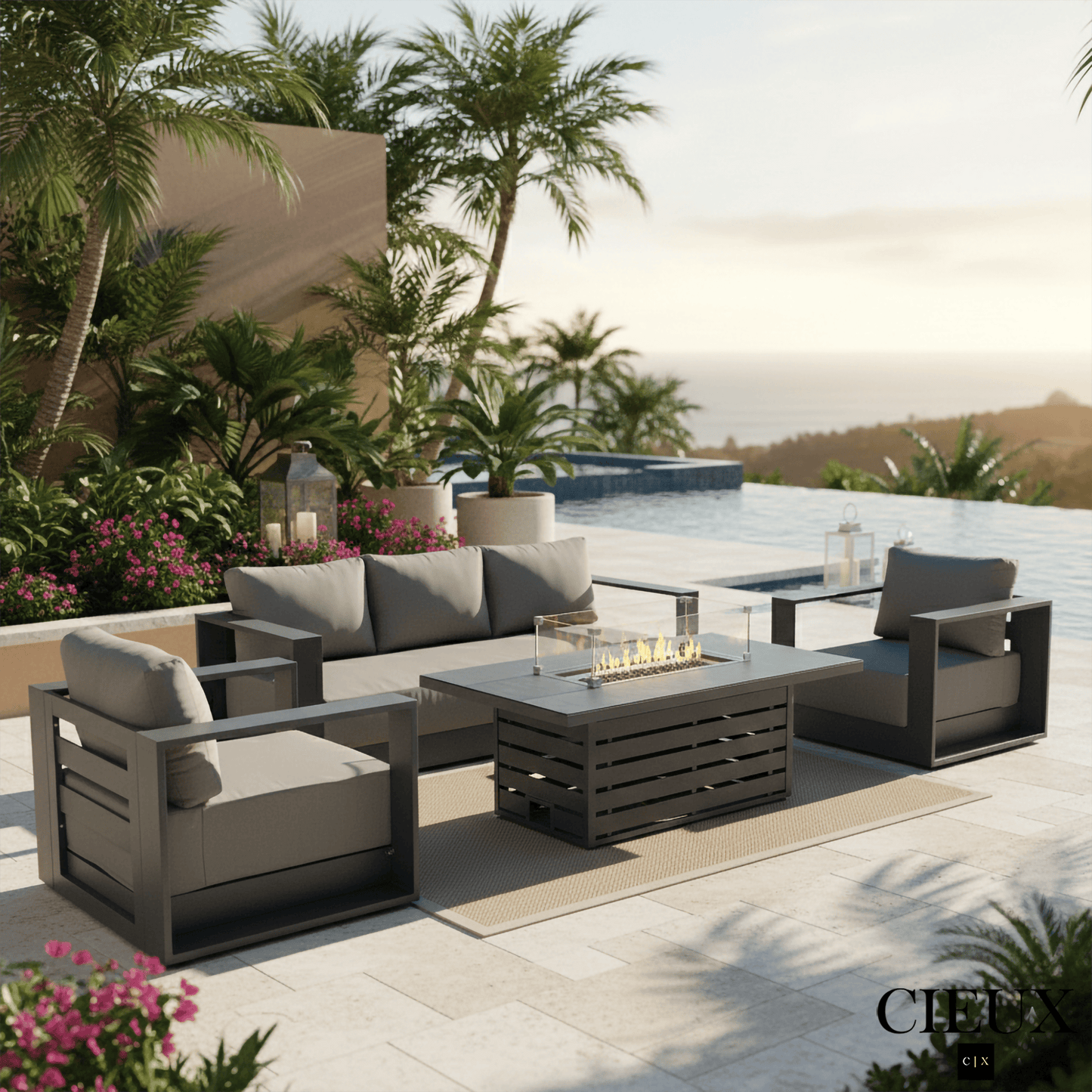 CIEUX Sofa Set Lyon 4 Piece Outdoor Patio Aluminum Metal Sofa and 2 Club Chairs Conversation Set with Alsace Fire Pit Adjustable Height Table in Midnight Grey with Sunbrella Cushions - Available in 2 Colours