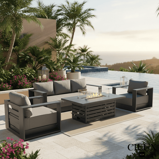 CIEUX Sofa Set Lyon 4 Piece Outdoor Patio Aluminum Metal Sofa and 2 Club Chairs Conversation Set with Alsace Fire Pit Adjustable Height Table in Midnight Grey with Sunbrella Cushions - Available in 2 Colours