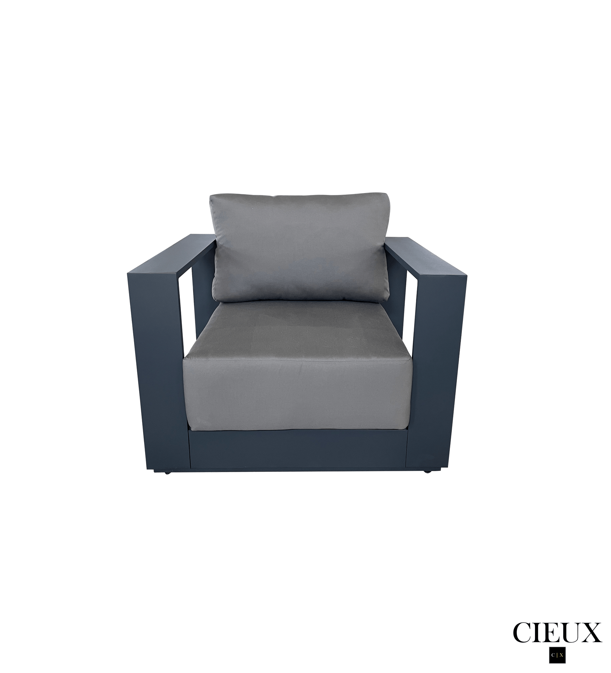 CIEUX Lyon 4 Piece Outdoor Patio Aluminum Metal Loveseat and 2 Club Chairs Conversation Set with Alsace Fire Pit Adjustable Height Table in Midnight Grey with Sunbrella Cushions in Canvas Charcoal, image 7