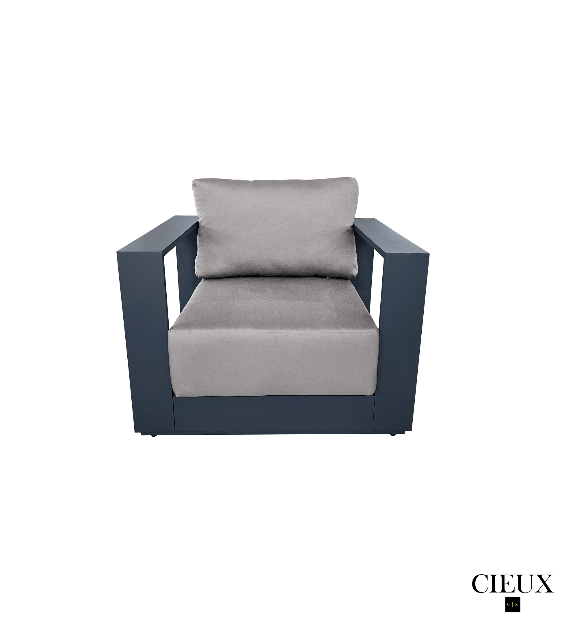 CIEUX Sofa Set Lyon Outdoor Patio Aluminum Metal Sofa Conversation Set and Annency Fire Pit Coffee Table in Midnight Grey with Sunbrella Cushions - Available in 2 Colours