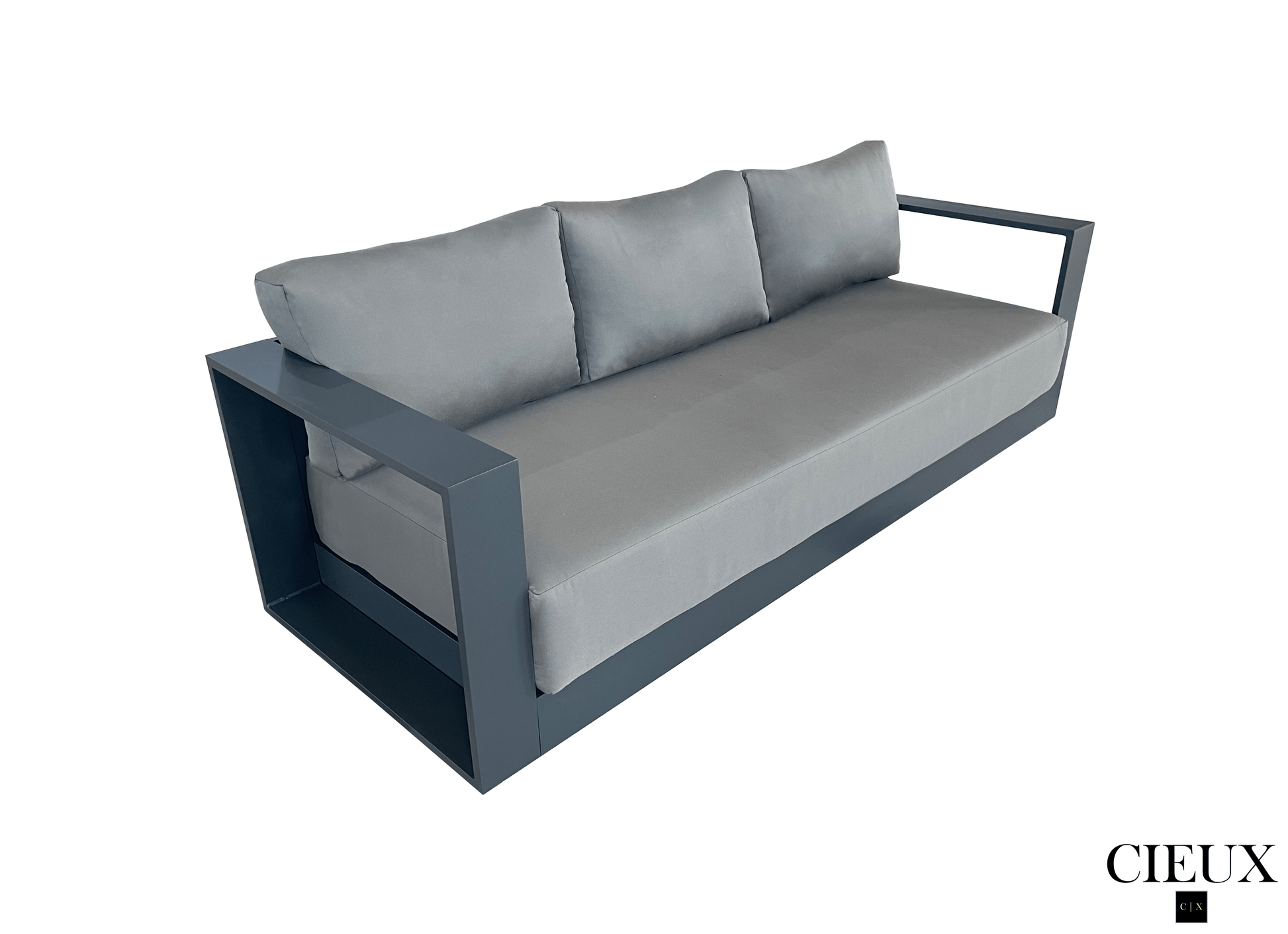 CIEUX Sofa Set Lyon Outdoor Patio Aluminum Metal Sofa Conversation Set and Annency Fire Pit Coffee Table in Midnight Grey with Sunbrella Cushions - Available in 2 Colours
