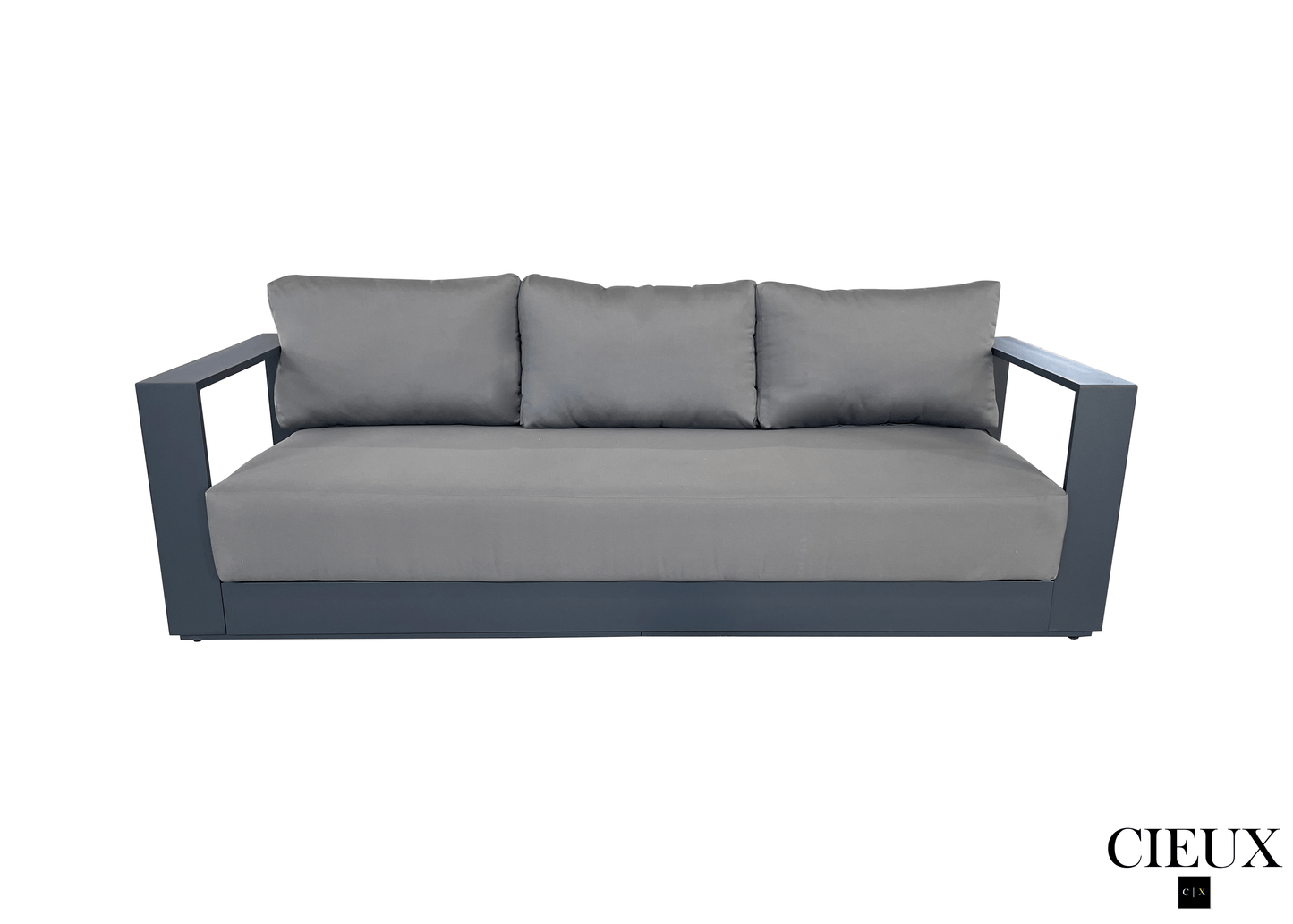 CIEUX Sofa Set Lyon Outdoor Patio Aluminum Metal Sofa Conversation Set and Annency Fire Pit Coffee Table in Midnight Grey with Sunbrella Cushions - Available in 2 Colours