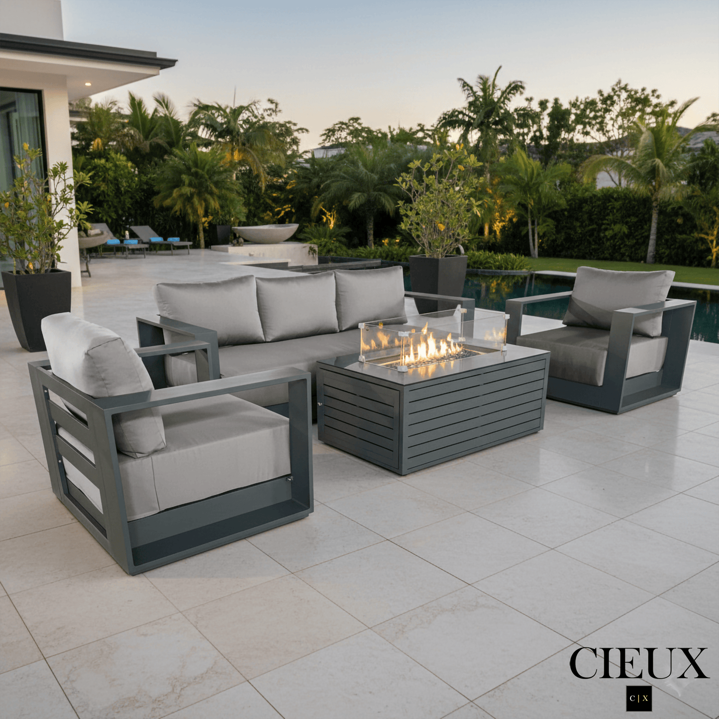 CIEUX Sofa Set Lyon Outdoor Patio Aluminum Metal Sofa Conversation Set and Annency Fire Pit Coffee Table in Midnight Grey with Sunbrella Cushions - Available in 2 Colours