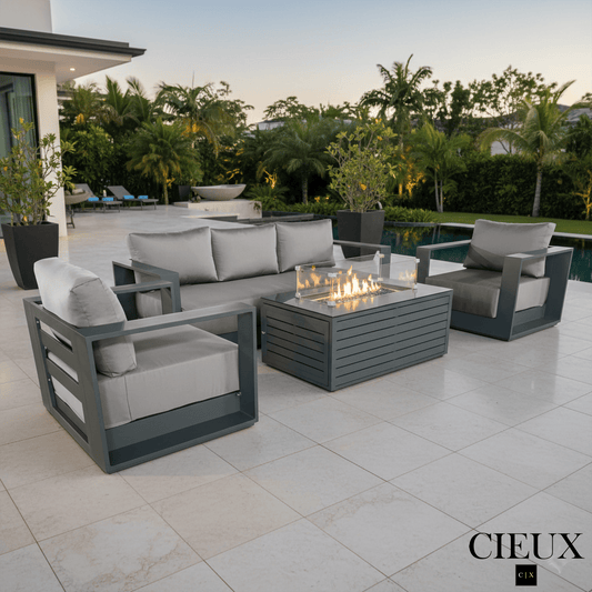 CIEUX Sofa Set Lyon Outdoor Patio Aluminum Metal Sofa Conversation Set and Annency Fire Pit Coffee Table in Midnight Grey with Sunbrella Cushions - Available in 2 Colours