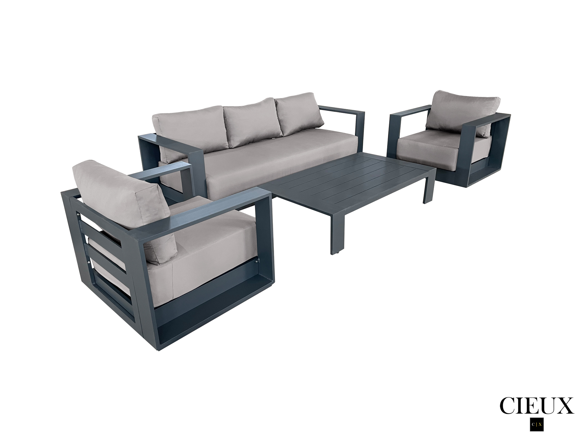 CIEUX Lyon Outdoor Patio Aluminum Metal Sofa Conversation Set in Midnight Grey with Sunbrella Cushions, image 11