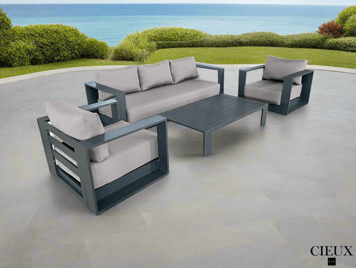 CIEUX Lyon Outdoor Patio Aluminum Metal Sofa Conversation Set in Midnight Grey with Sunbrella Cushions, image 10
