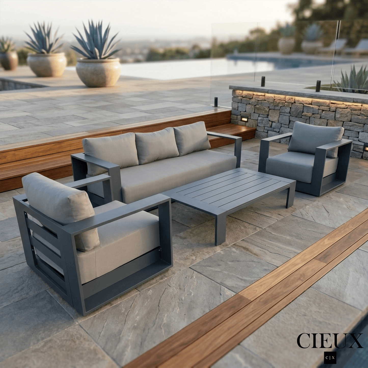 CIEUX Lyon Outdoor Patio Aluminum Metal Sofa Conversation Set in Midnight Grey with Sunbrella Cushions, image 1