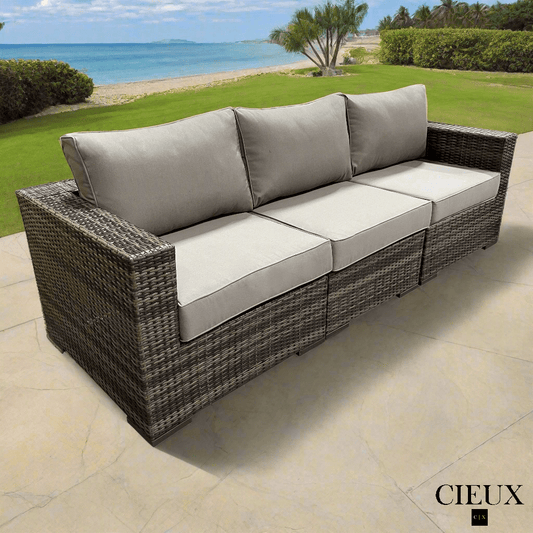 CIEUX Sofa Valence Outdoor Patio Wicker Sofa in Brown with Sunbrella Canvas Taupe Cushions