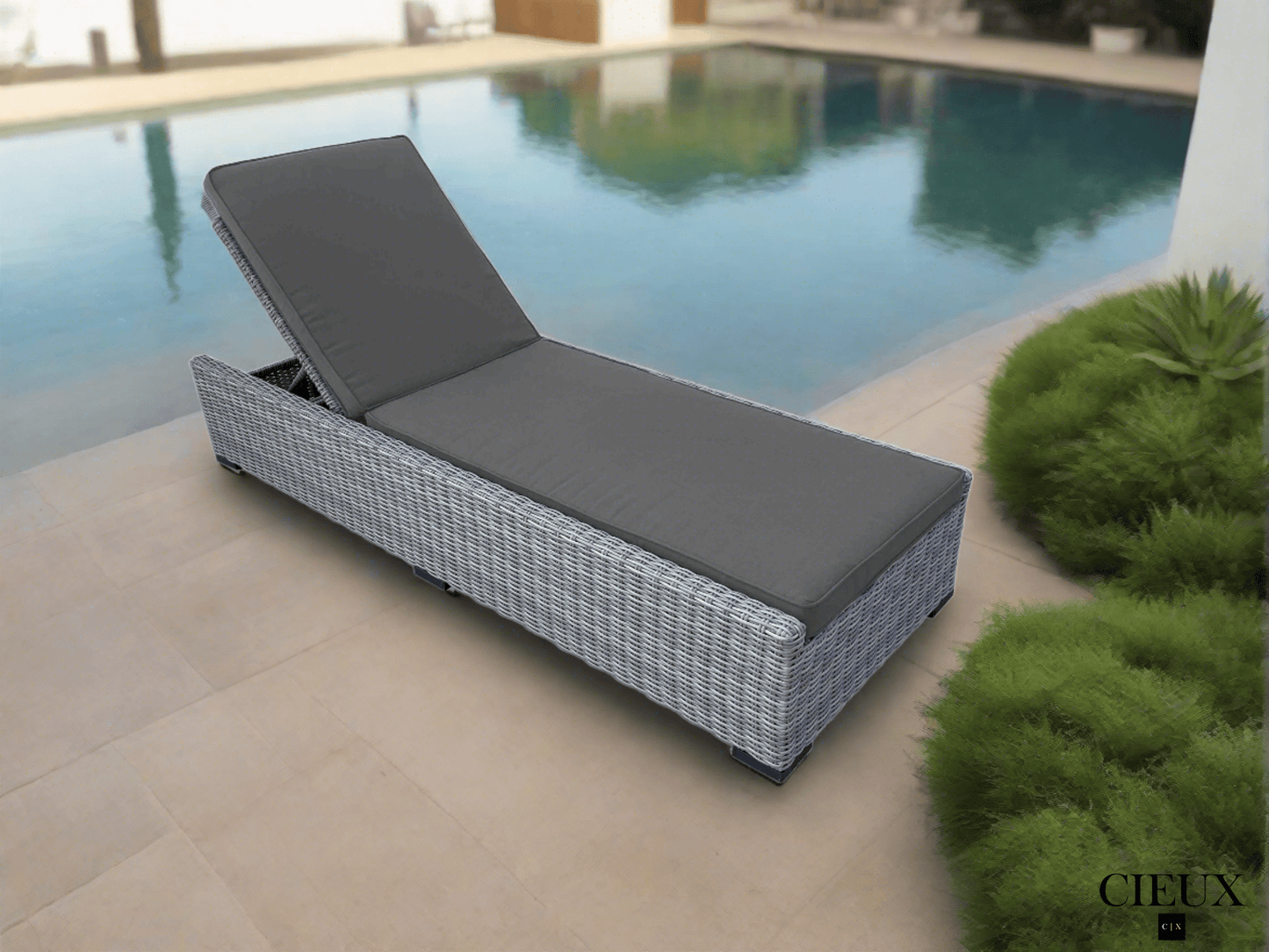 CIEUX Cannes Outdoor Patio Wicker Chaise Sun Lounger in Grey with Sunbrella Cushions, image 1
