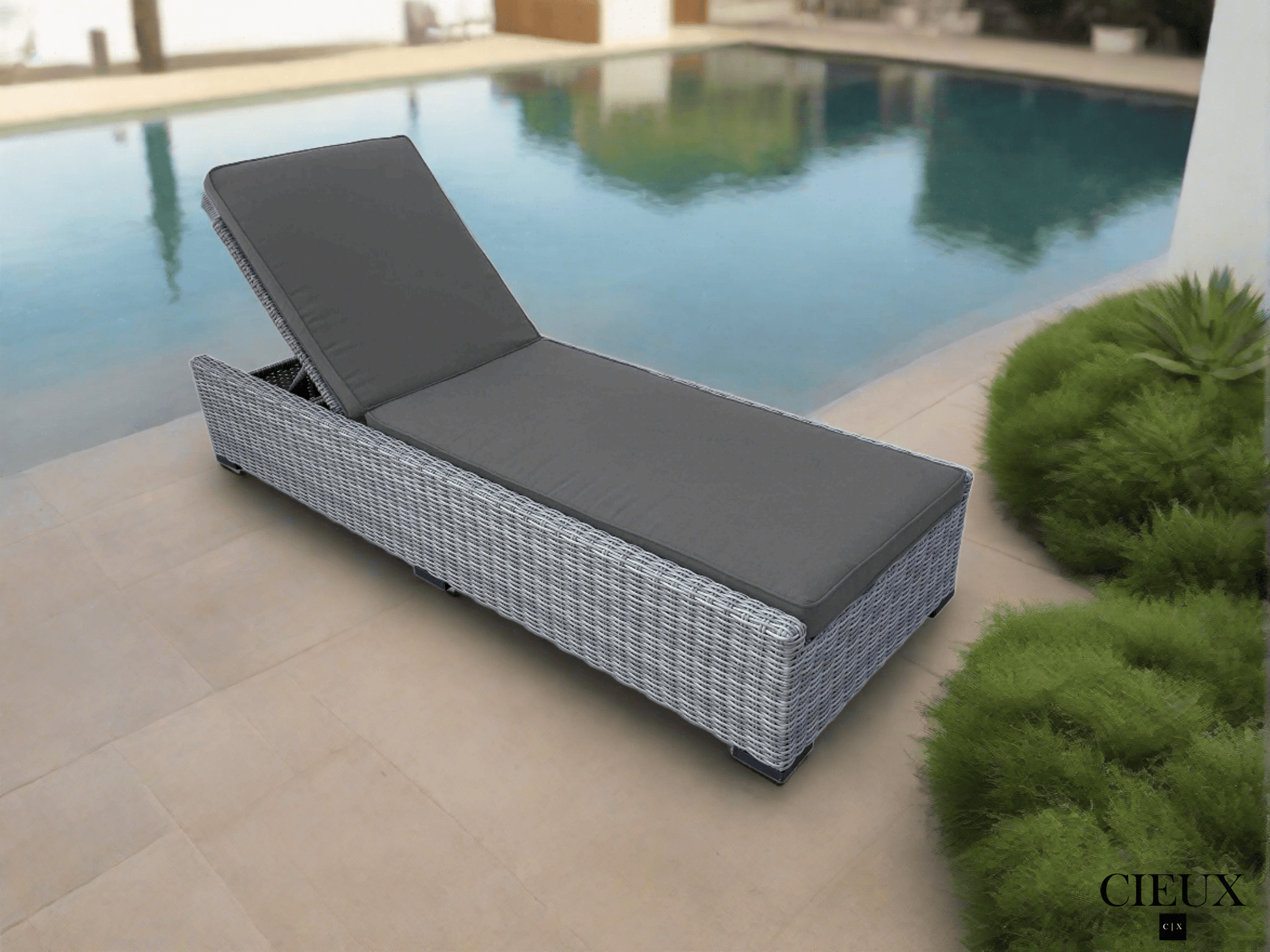 CIEUX Cannes Outdoor Patio Wicker Chaise Sun Lounger in Grey with Sunbrella Cushions, image 1