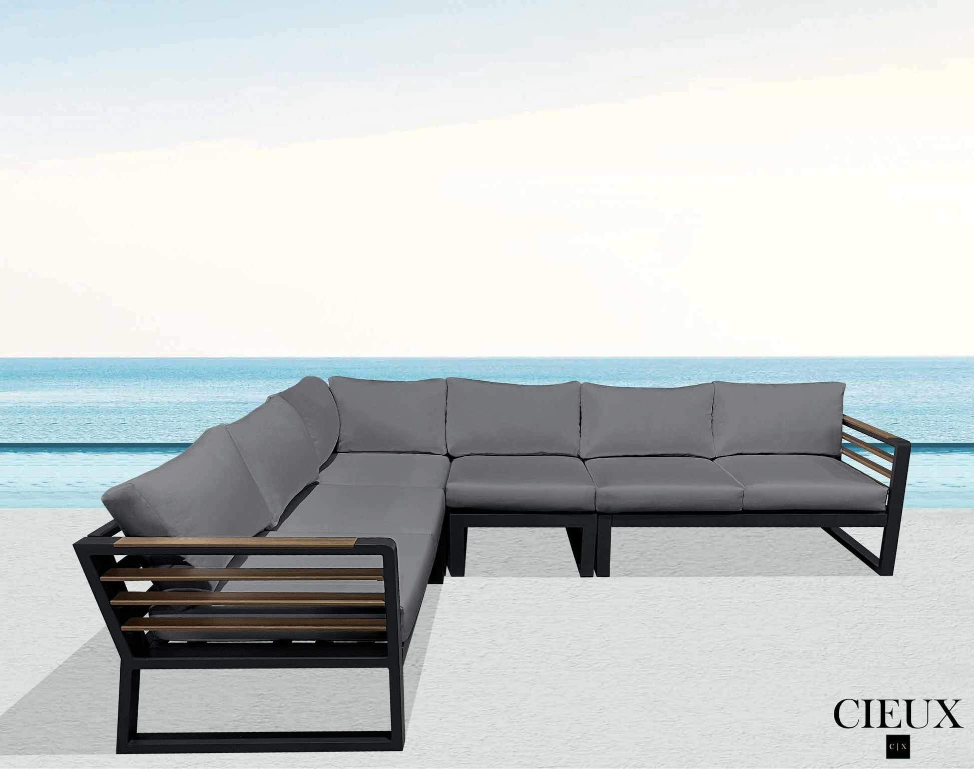 Pending - Cieux Avignon Outdoor Patio Aluminum Metal L-Shaped Sectional Sofa in Black with Sunbrella Cushions - Available in 2 Colours