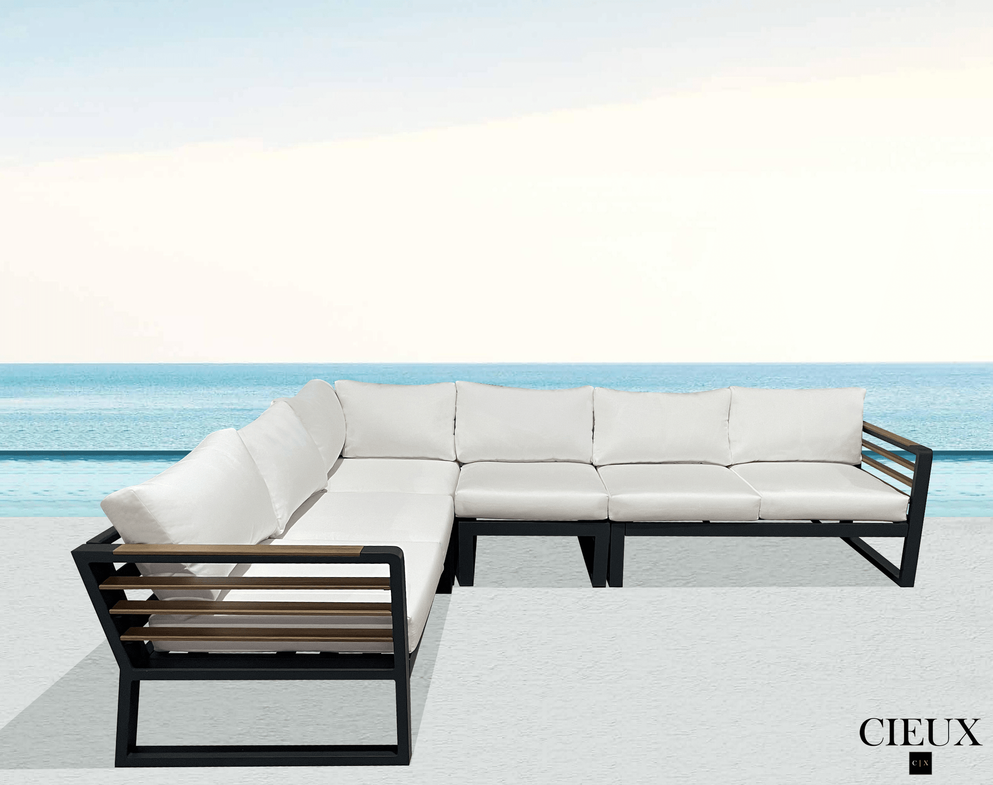 Pending - Cieux Avignon Outdoor Patio Aluminum Metal L-Shaped Sectional Sofa in Black with Sunbrella Cushions - Available in 2 Colours