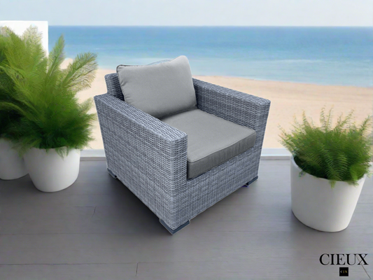 Cannes Outdoor Patio Wicker Club Chair in Grey with Sunbrella Cushions - Available in 2 Colours