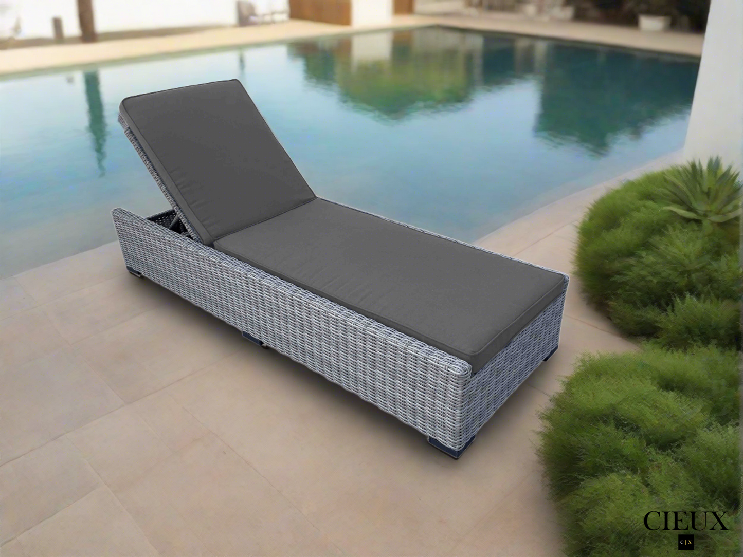 Cannes Outdoor Patio Wicker Chaise Sun Lounger in Grey with Sunbrella Cushions - Available in 2 Colours