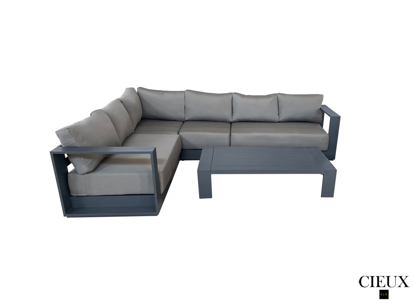 CIEUX Lyon 2 Piece Outdoor Patio Aluminum Metal L Shaped Sectional Sofa and Coffee Table Set in Midnight Grey with Sunbrella Cushions, image 3