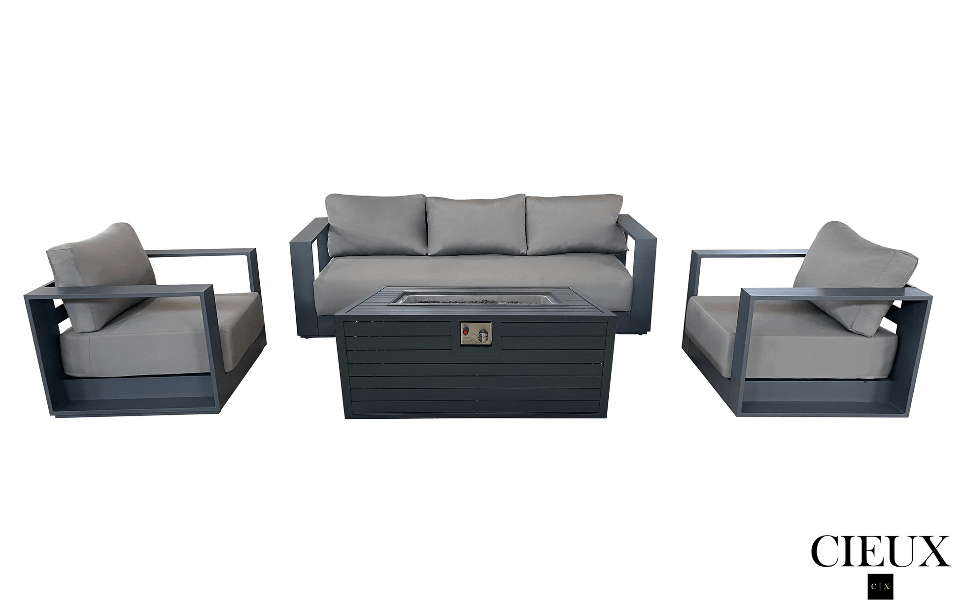 Pending - Cieux Canvas Charcoal Lyon Outdoor Patio Aluminum Metal Sofa Conversation Set and Annency Fire Pit Coffee Table in Midnight Grey with Sunbrella Cushions - Available in 2 Colours