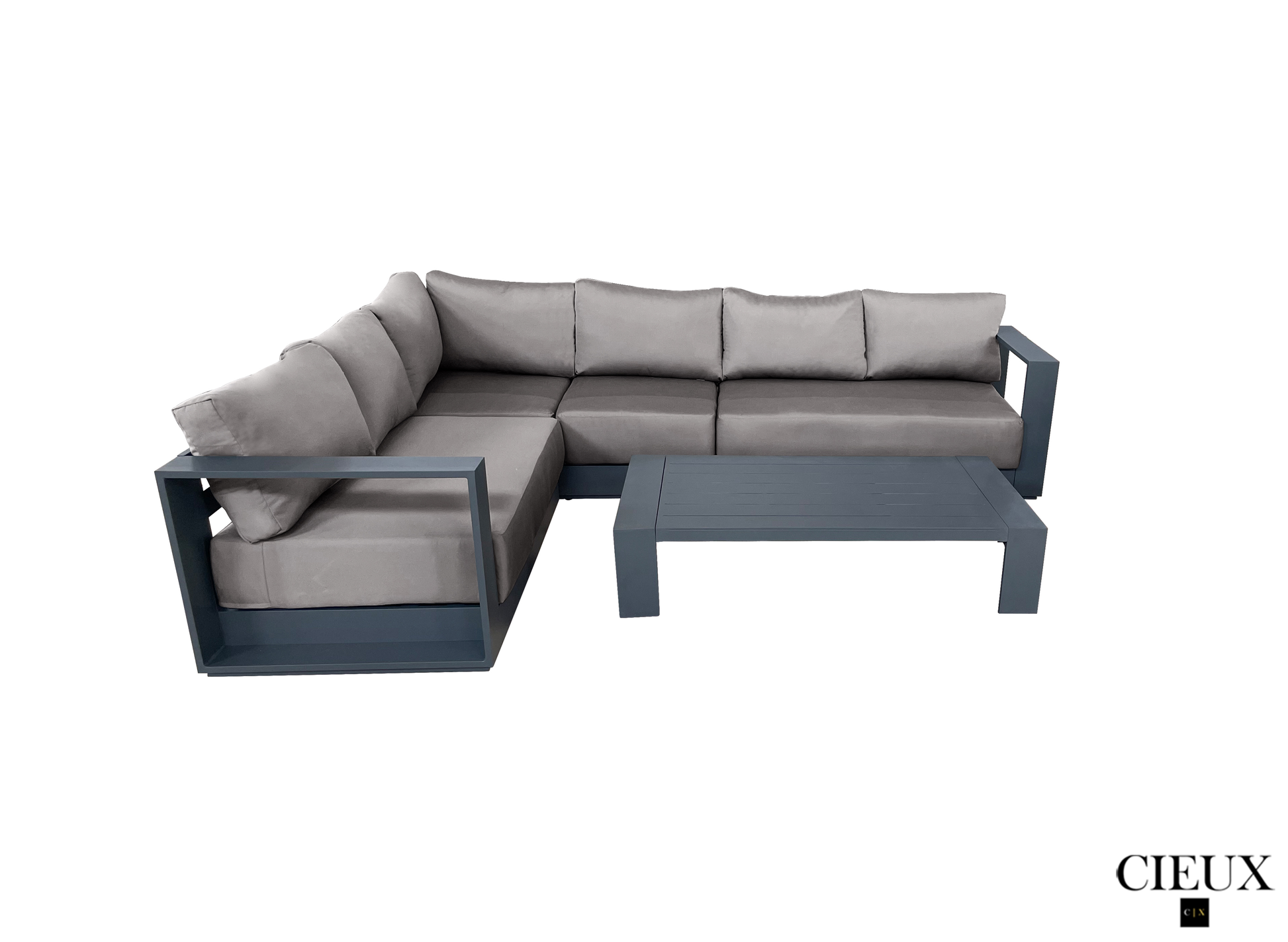 CIEUX Lyon 2 Piece Outdoor Patio Aluminum Metal L Shaped Sectional Sofa and Coffee Table Set in Midnight Grey with Sunbrella Cushions, image 8