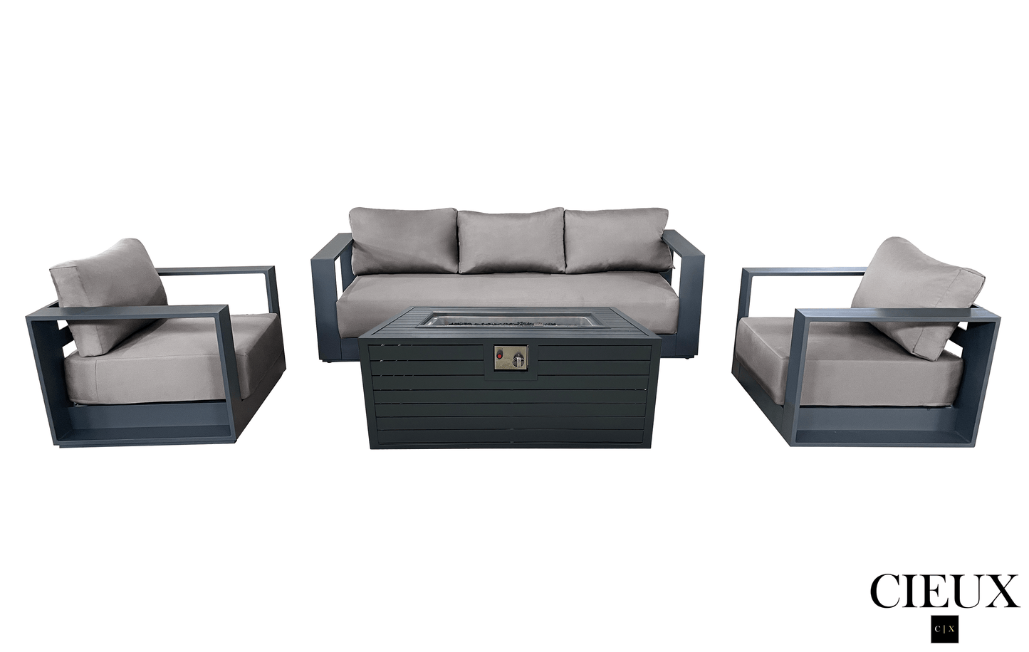 Pending - Cieux Canvas Taupe Lyon Outdoor Patio Aluminum Metal Sofa Conversation Set and Annency Fire Pit Coffee Table in Midnight Grey with Sunbrella Cushions - Available in 2 Colours
