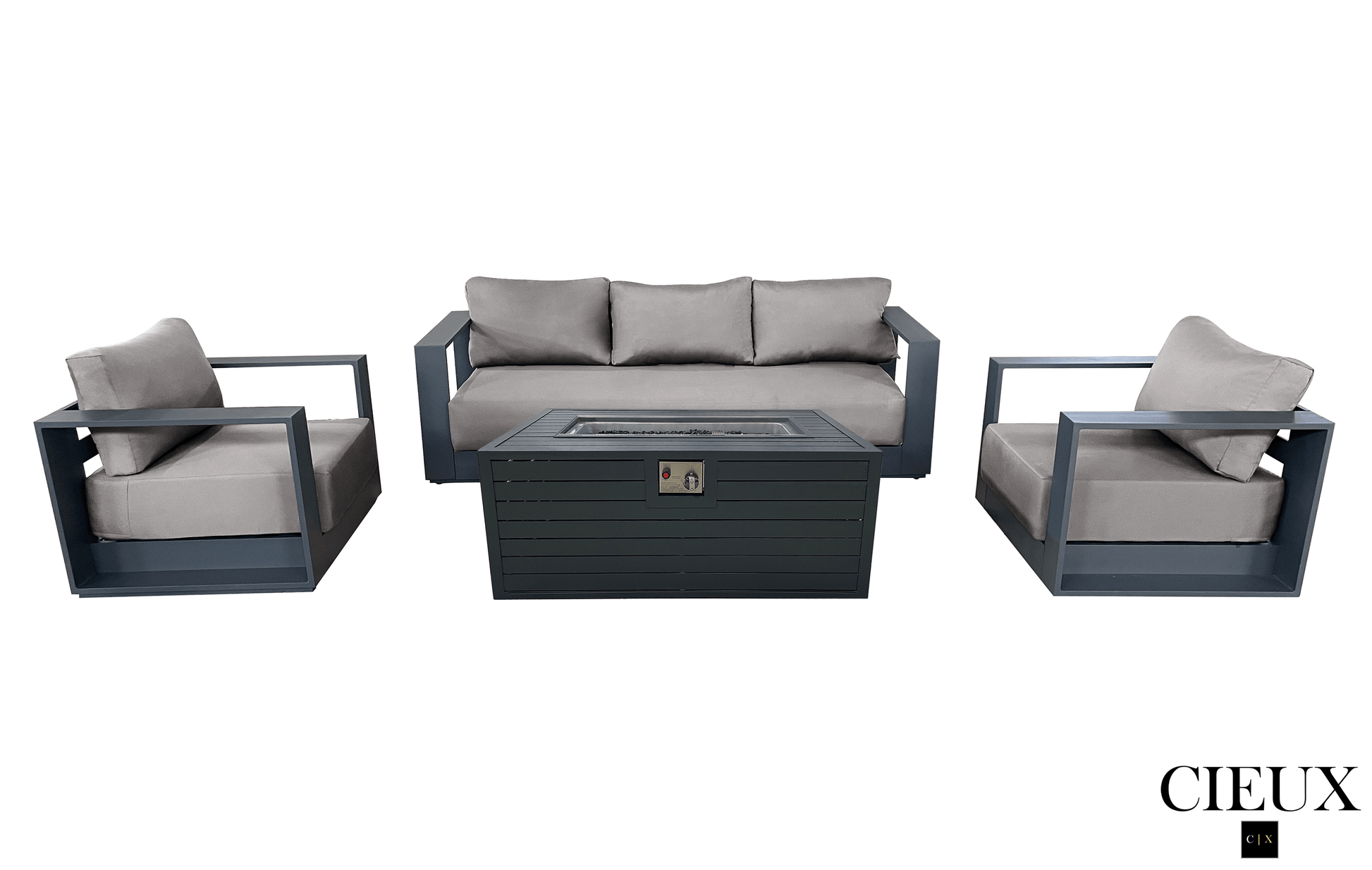 Pending - Cieux Canvas Taupe Lyon Outdoor Patio Aluminum Metal Sofa Conversation Set and Annency Fire Pit Coffee Table in Midnight Grey with Sunbrella Cushions - Available in 2 Colours