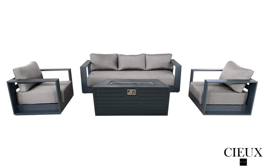 Pending - Cieux Canvas Taupe Lyon Outdoor Patio Aluminum Metal Sofa Conversation Set and Annency Fire Pit Coffee Table in Midnight Grey with Sunbrella Cushions - Available in 2 Colours