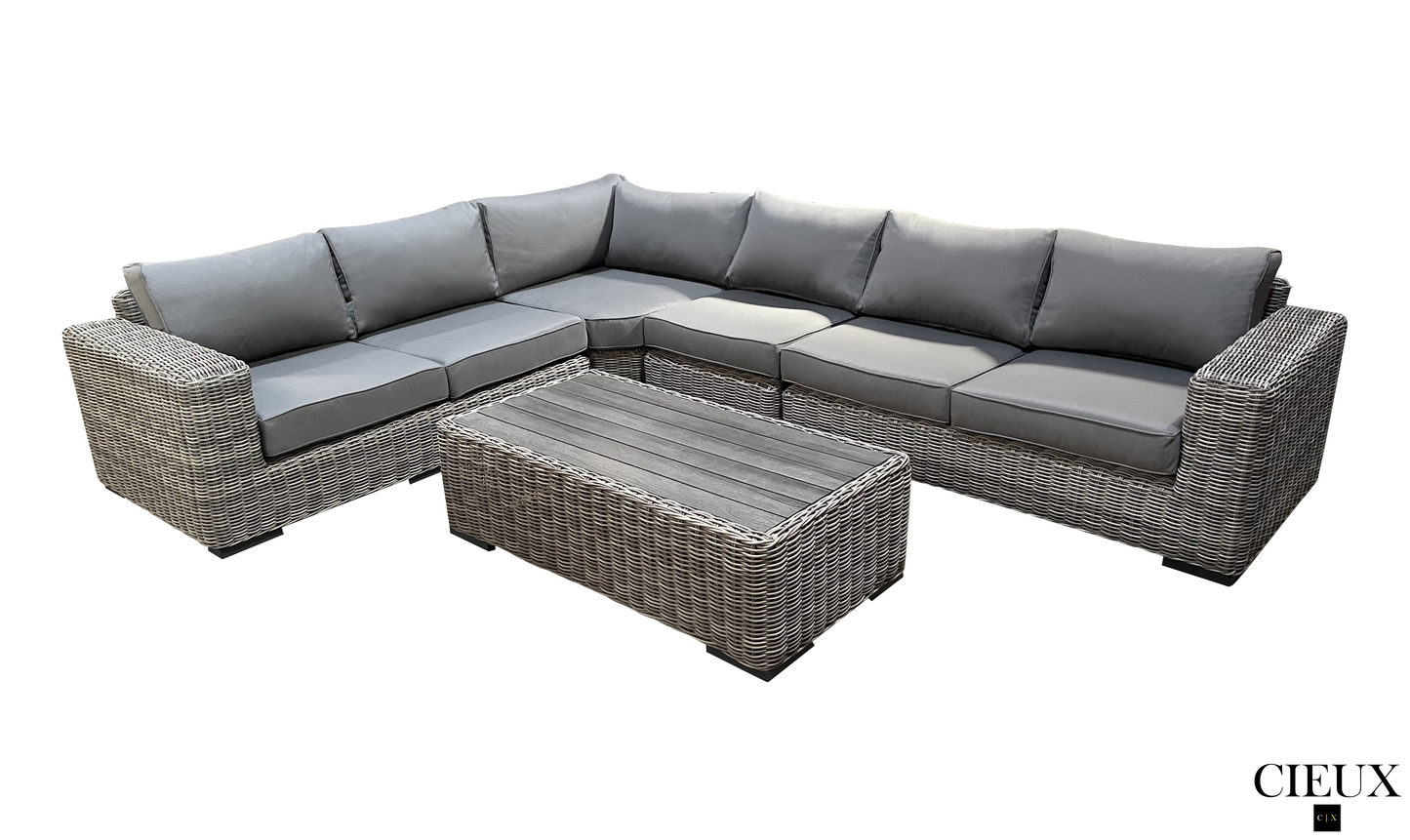 Pending - Cieux Champagne 2 Piece Outdoor Patio Wicker L-Shaped Sectional Sofa and Coffee Table Set in Grey with Sunbrella Cushions - Available in 2 Colours