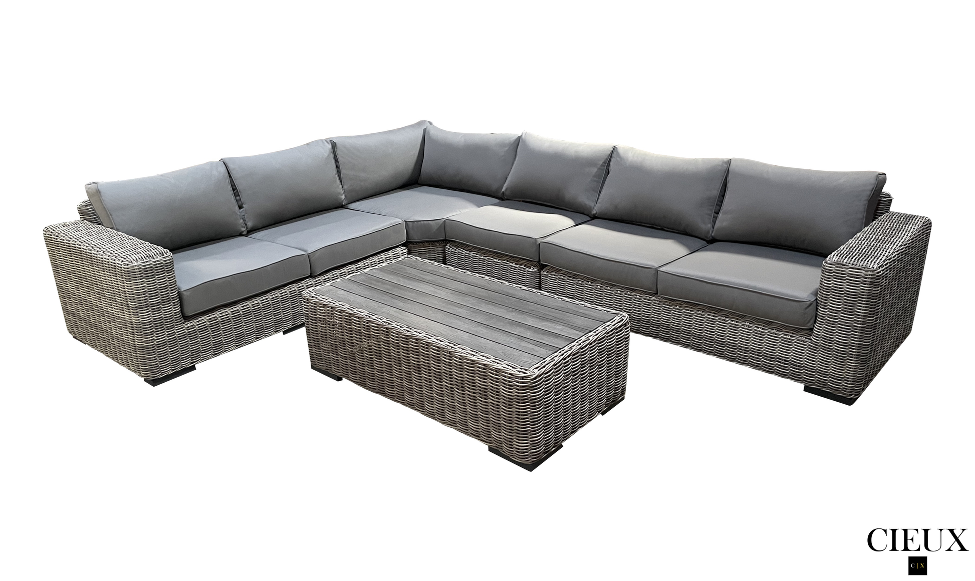 Pending - Cieux Champagne 2 Piece Outdoor Patio Wicker L-Shaped Sectional Sofa and Coffee Table Set in Grey with Sunbrella Cushions - Available in 2 Colours