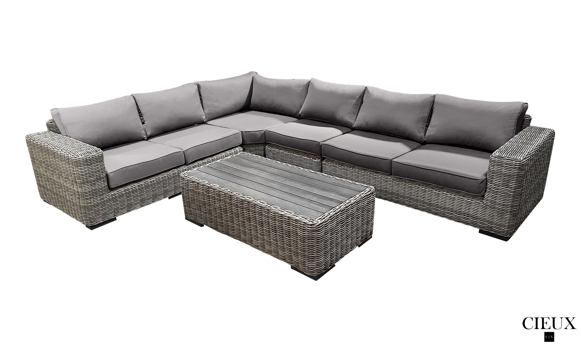 Pending - Cieux Champagne 2 Piece Outdoor Patio Wicker L-Shaped Sectional Sofa and Coffee Table Set in Grey with Sunbrella Cushions - Available in 2 Colours