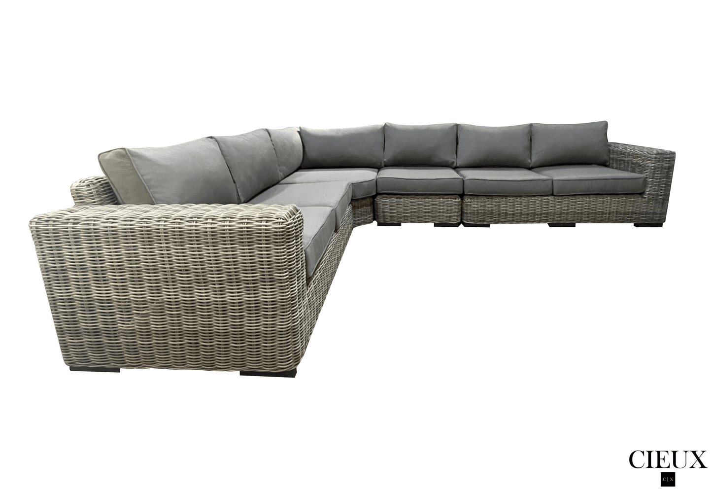 CIEUX Champagne 2 Piece Outdoor Patio Wicker L Shaped Sectional Sofa and Coffee Table Set in Grey with Sunbrella Cushions, image 5