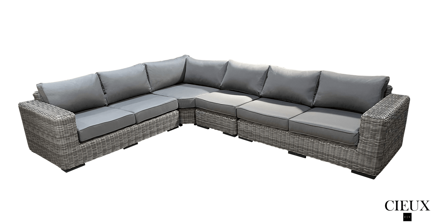 CIEUX Champagne 2 Piece Outdoor Patio Wicker L Shaped Sectional Sofa and Coffee Table Set in Grey with Sunbrella Cushions, image 4