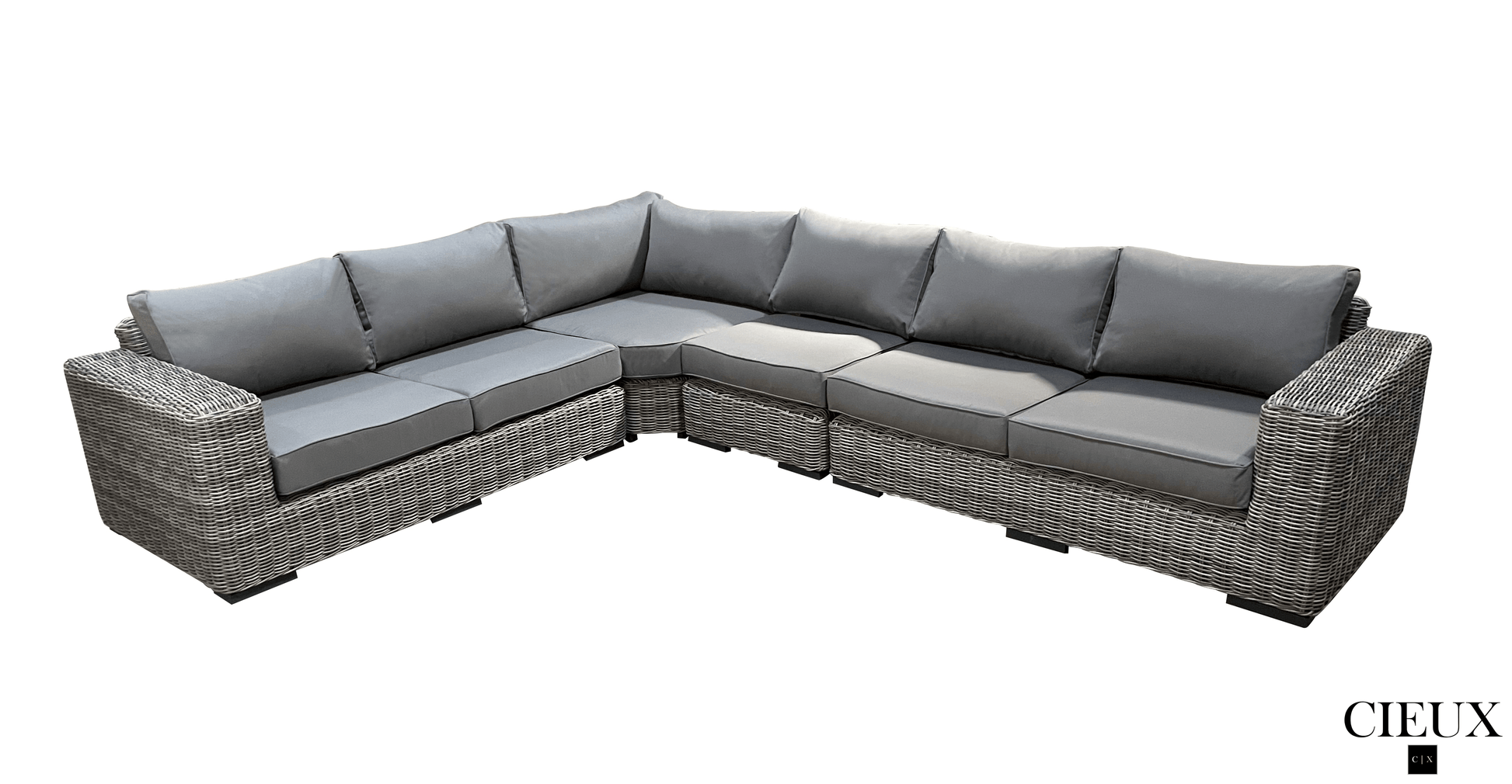 CIEUX Champagne 2 Piece Outdoor Patio Wicker L Shaped Sectional Sofa and Coffee Table Set in Grey with Sunbrella Cushions, image 4