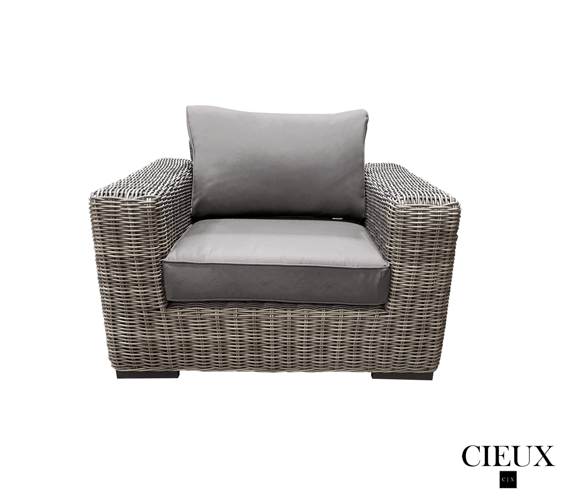 CIEUX Champagne 3 Piece Outdoor Patio Wicker Corner Sectional Sofa, Coffee Table and Club Chair Set in Grey with Sunbrella Cushions, image 14