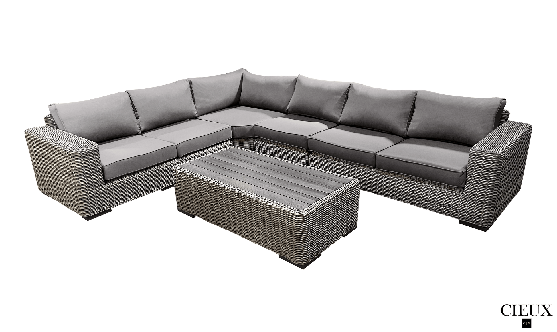 Pending - Cieux Champagne 3 Piece Outdoor Patio Wicker Corner Sectional Sofa, Coffee Table and Club Chair Set in Grey with Sunbrella Cushions - Available in 2 Colours