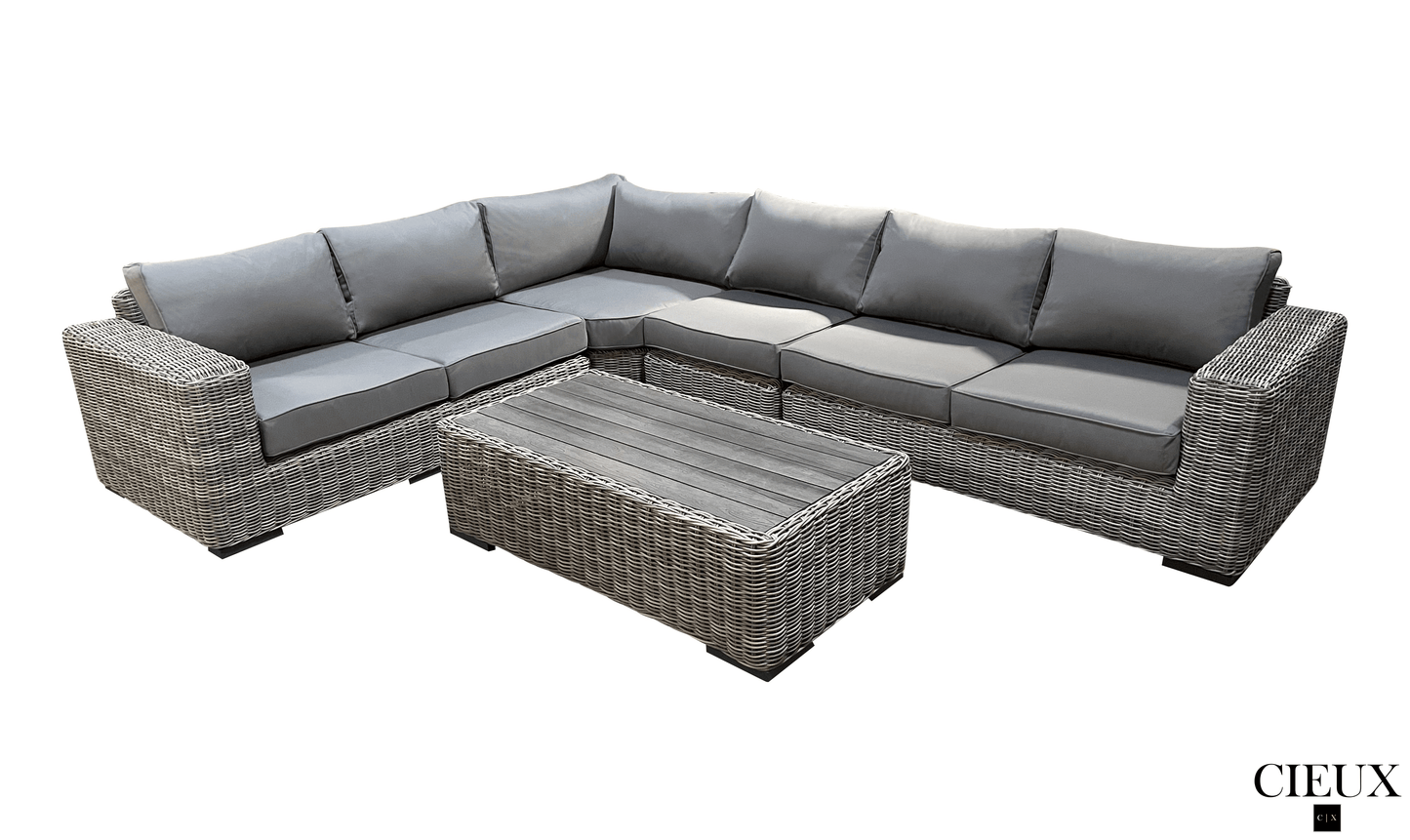 Pending - Cieux Champagne 3 Piece Outdoor Patio Wicker Corner Sectional Sofa, Coffee Table and Club Chair Set in Grey with Sunbrella Cushions - Available in 2 Colours