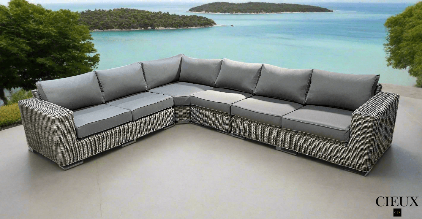 CIEUX Champagne Outdoor Patio Wicker L Shaped Sectional Sofa in Grey with Sunbrella Cushions, image 2