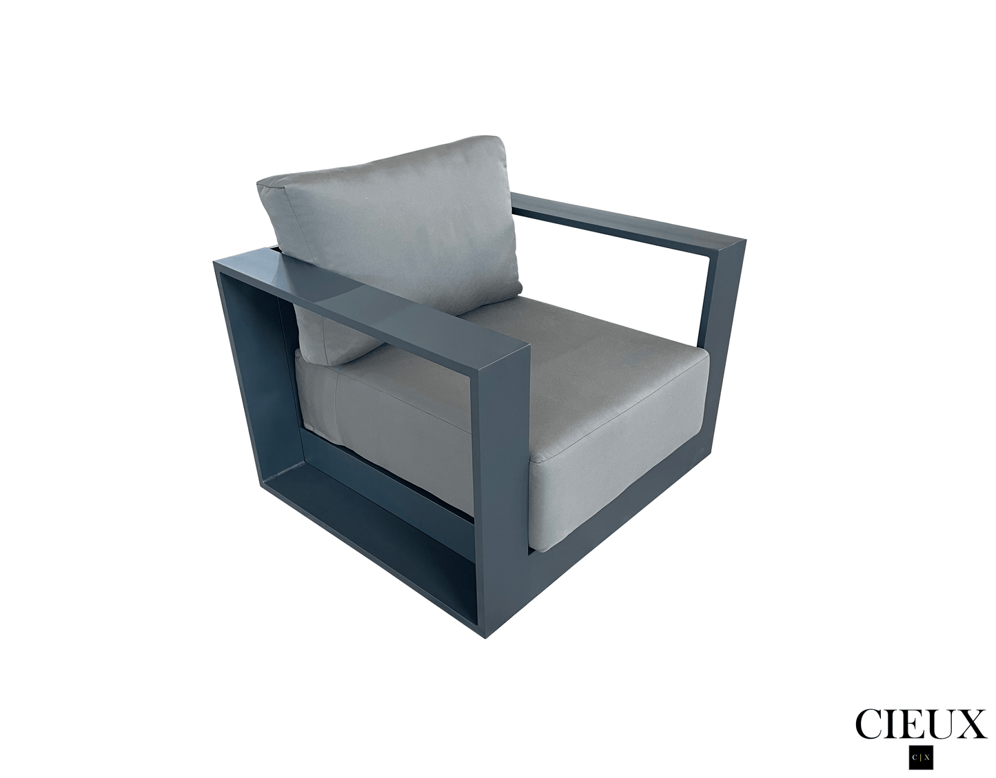 Pending - Cieux Lyon 3 Piece Outdoor Patio Aluminum Metal L-Shaped Sectional Sofa, Coffee Table and Club Chair Set in Midnight Grey with Sunbrella Cushions - Available in 2 Colours