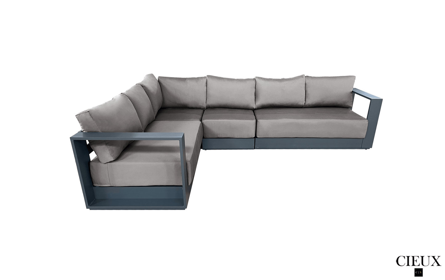CIEUX Lyon 3 Piece Outdoor Patio Aluminum Metal L Shaped Sectional Sofa, Coffee Table and Club Chair Set in Midnight Grey with Sunbrella Cushions, image 12