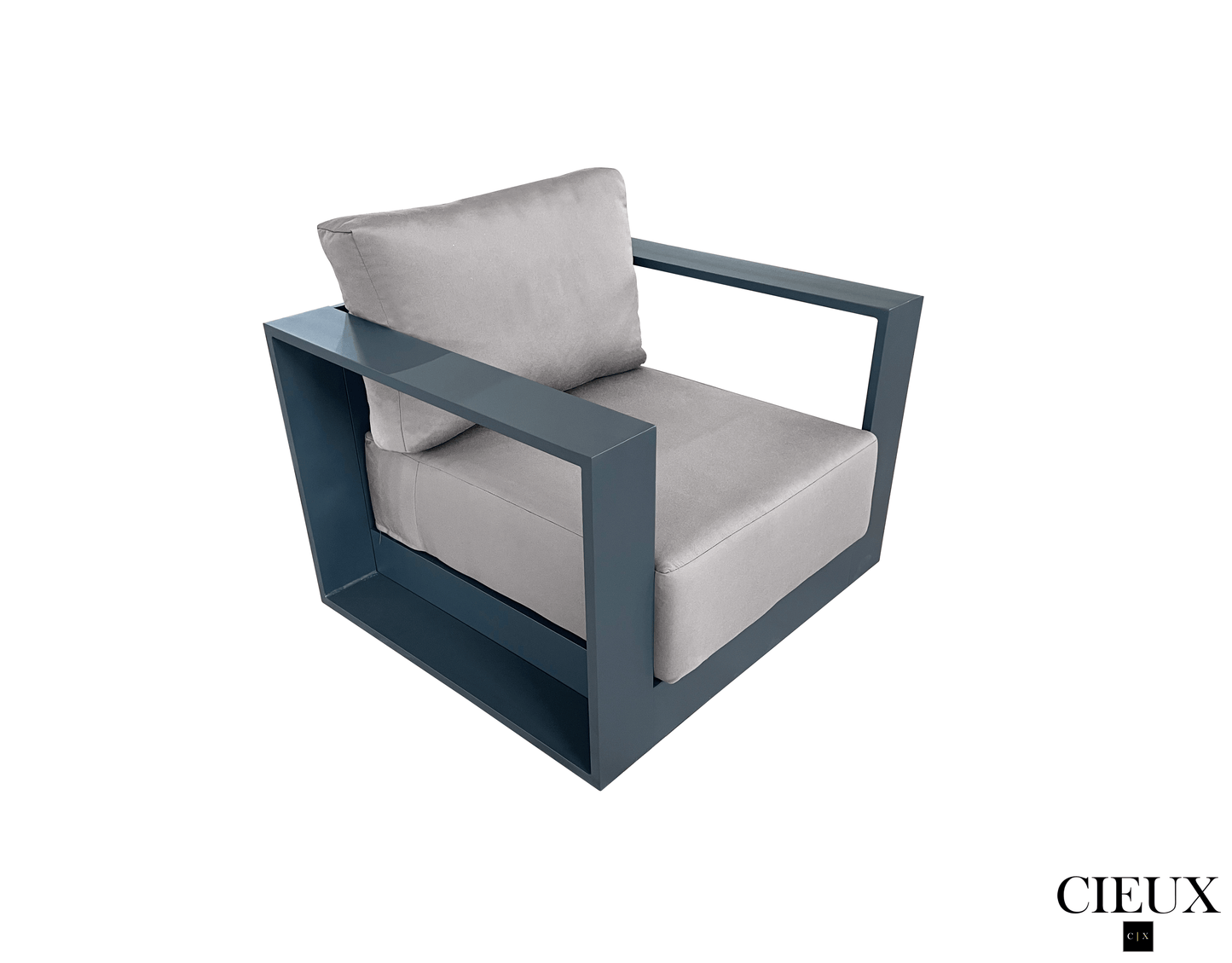 Pending - Cieux Lyon 3 Piece Outdoor Patio Aluminum Metal L-Shaped Sectional Sofa, Coffee Table and Club Chair Set in Midnight Grey with Sunbrella Cushions - Available in 2 Colours