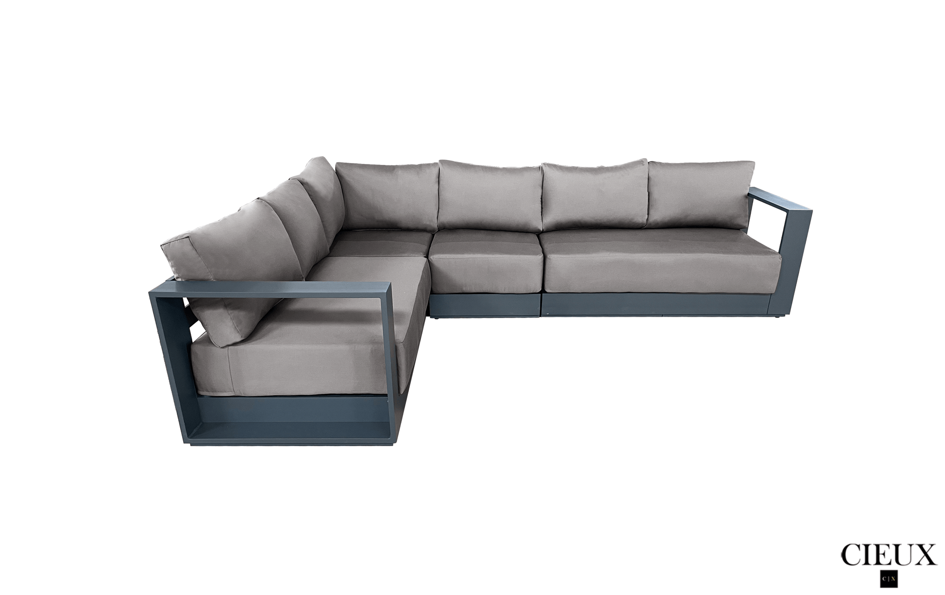 Pending - Cieux Lyon 3 Piece Outdoor Patio Aluminum Metal L-Shaped Sectional Sofa, Coffee Table and Club Chair Set in Midnight Grey with Sunbrella Cushions - Available in 2 Colours