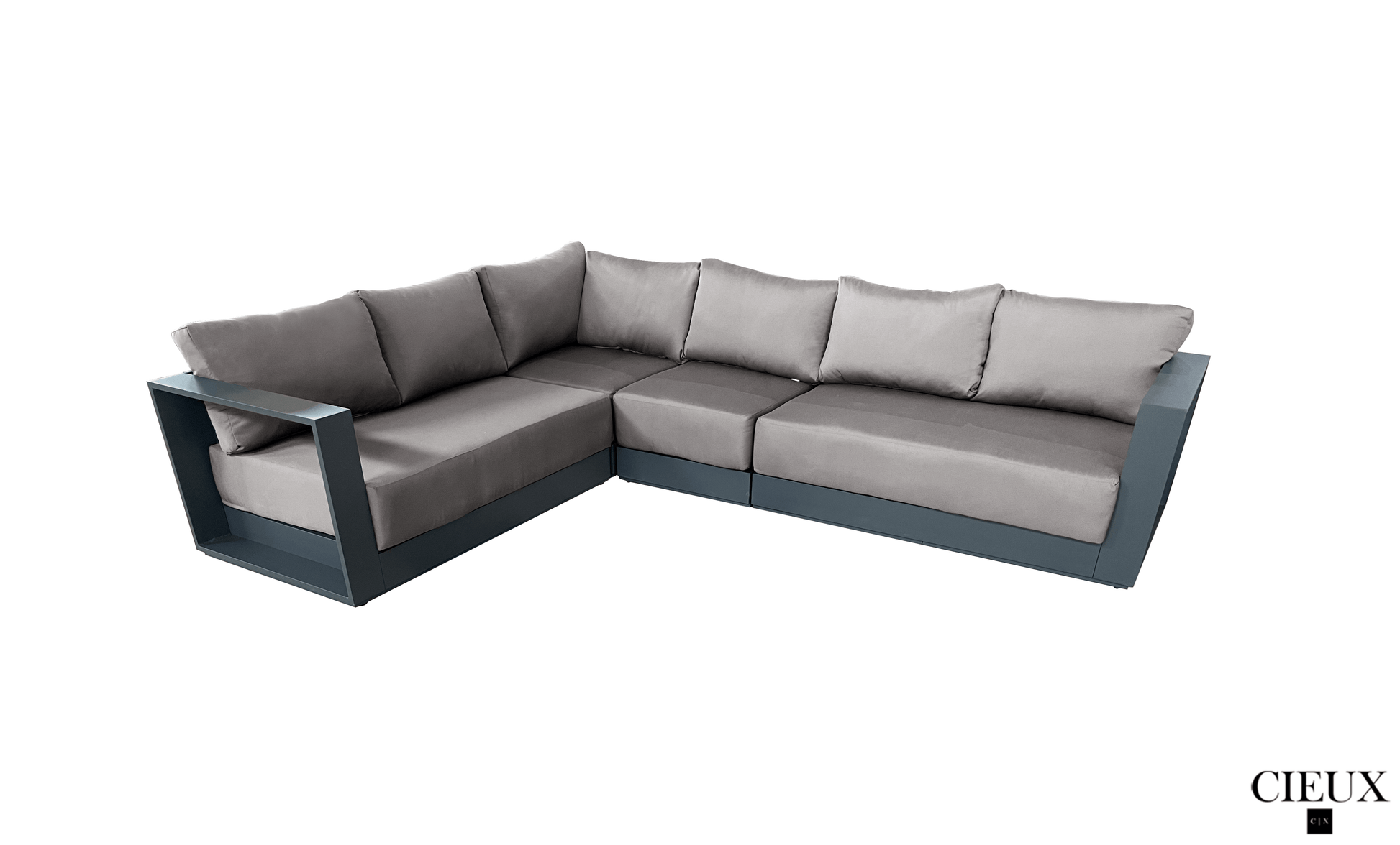 CIEUX Lyon 3 Piece Outdoor Patio Aluminum Metal L Shaped Sectional Sofa, Coffee Table and Club Chair Set in Midnight Grey with Sunbrella Cushions, image 11