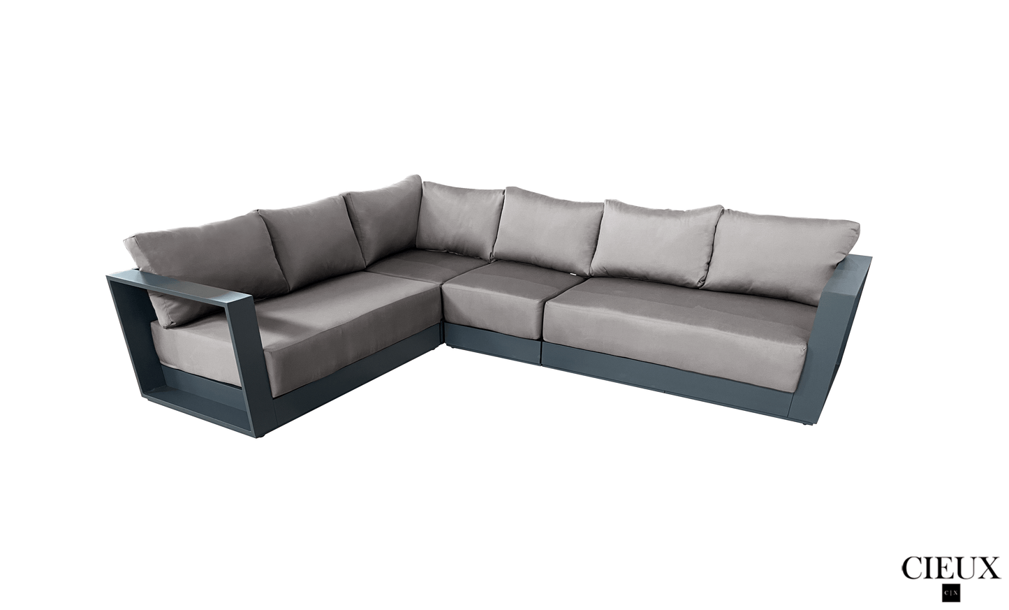 Pending - Cieux Lyon 3 Piece Outdoor Patio Aluminum Metal L-Shaped Sectional Sofa, Coffee Table and Club Chair Set in Midnight Grey with Sunbrella Cushions - Available in 2 Colours