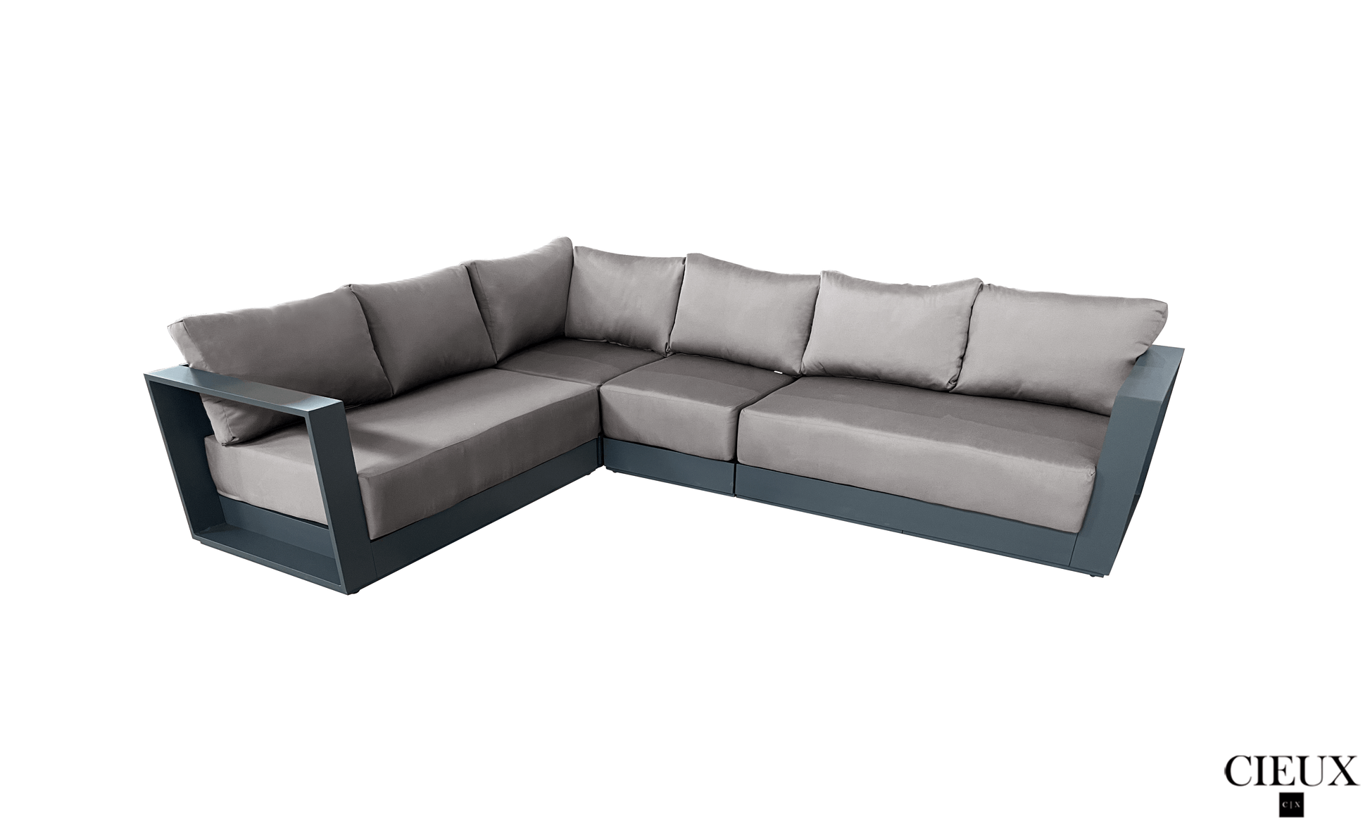 Pending - Cieux Lyon 3 Piece Outdoor Patio Aluminum Metal L-Shaped Sectional Sofa, Coffee Table and Club Chair Set in Midnight Grey with Sunbrella Cushions - Available in 2 Colours