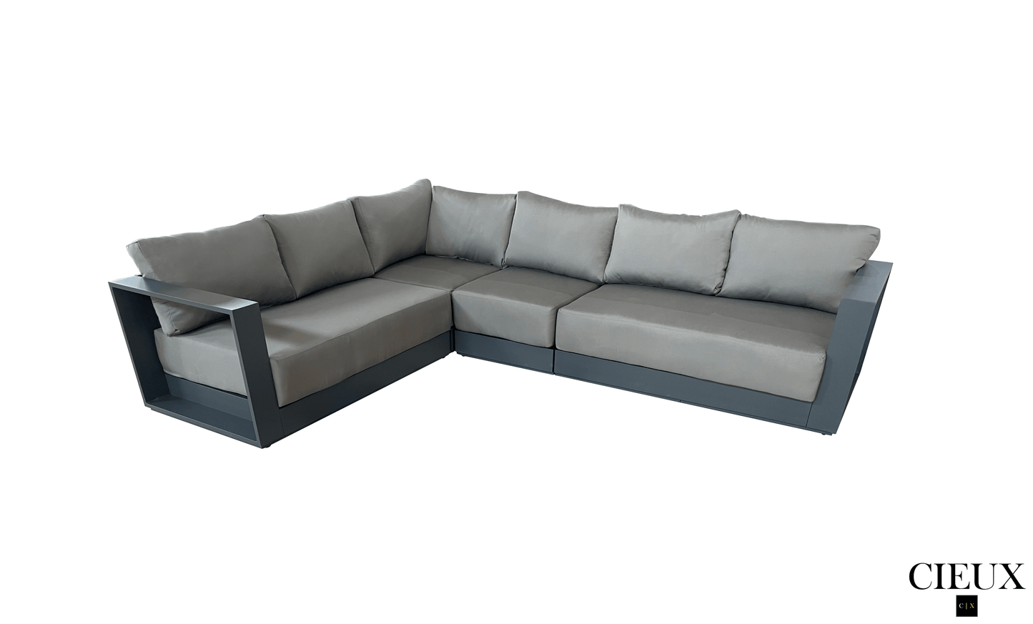 CIEUX Lyon 3 Piece Outdoor Patio Aluminum Metal L Shaped Sectional Sofa, Coffee Table and Club Chair Set in Midnight Grey with Sunbrella Cushions, image 5