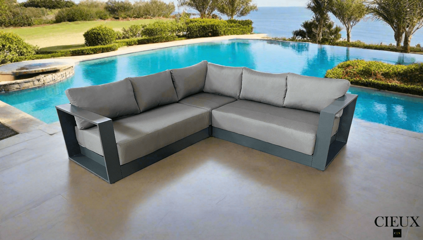 CIEUX Lyon Outdoor Patio Aluminum Metal Corner Sectional Sofa in Midnight Grey with Sunbrella Cushions, image 3