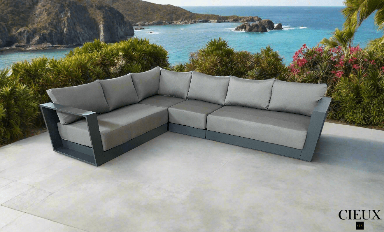 CIEUX Lyon Outdoor Patio Aluminum Metal L Shaped Sectional Sofa in Midnight Grey with Sunbrella Cushions, image 3