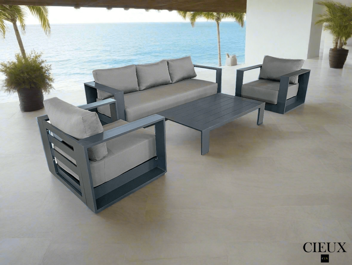Pending - Cieux Lyon Outdoor Patio Aluminum Metal Sofa Conversation Set in Midnight Grey with Sunbrella Cushions - Available in 2 Colours
