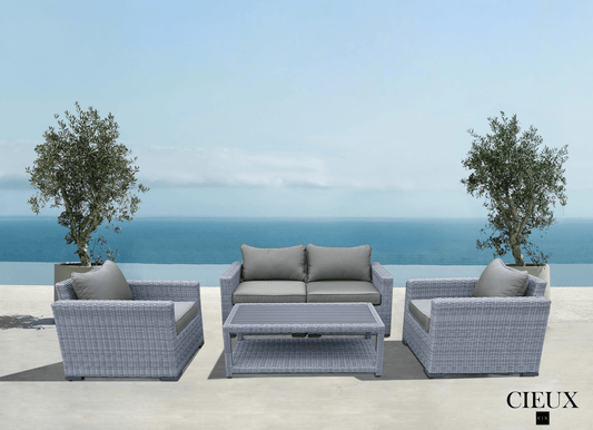 CIEUX Conversation Set Cannes Outdoor Patio Wicker Loveseat Conversation Set in Grey with Sunbrella Cushions - Available in 2 Colours