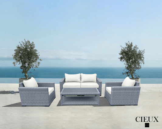 CIEUX Conversation Set Cannes Outdoor Patio Wicker Loveseat Conversation Set in Grey with Sunbrella Cushions - Available in 2 Colours