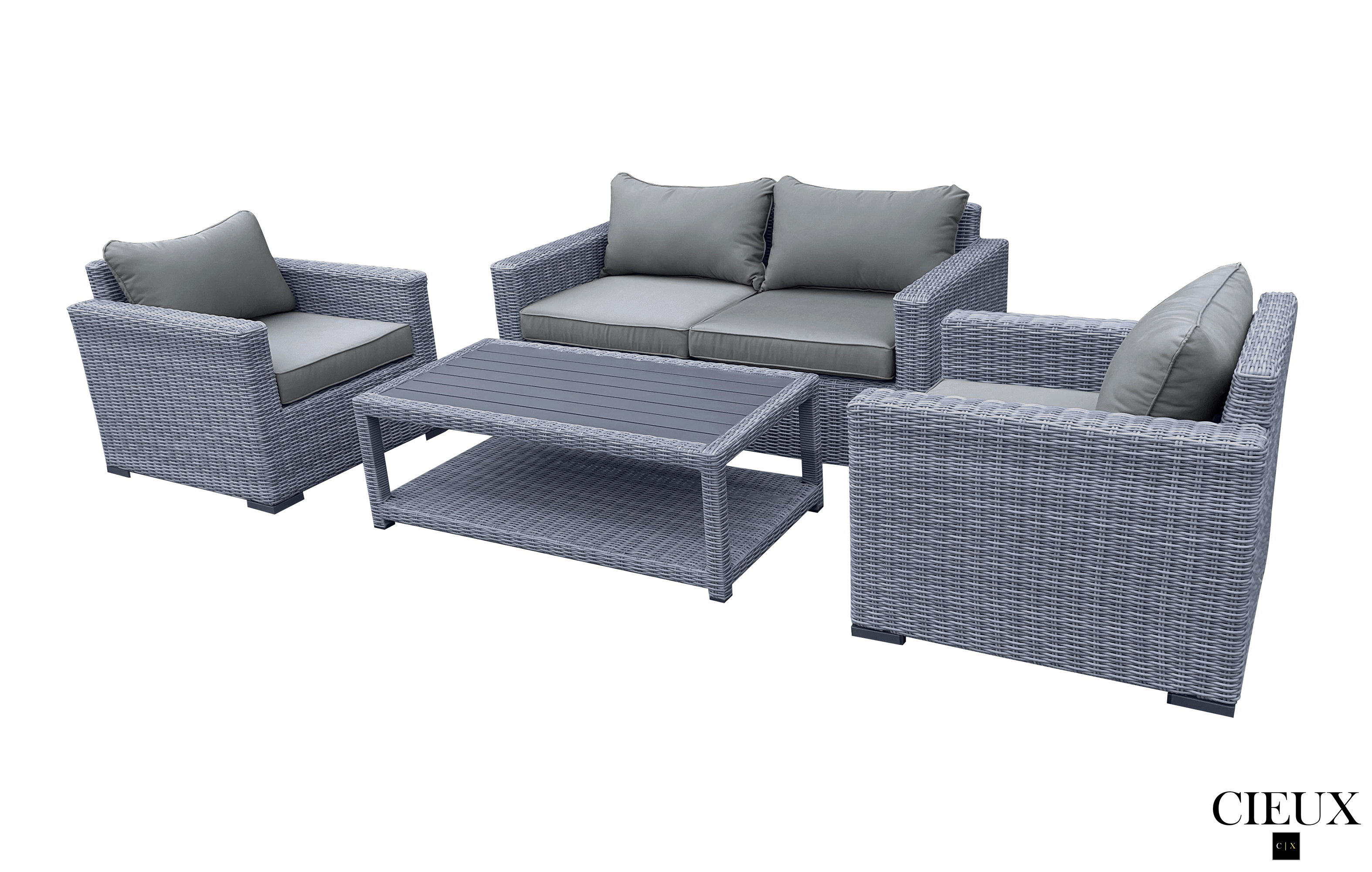 CIEUX Cannes Outdoor Patio Wicker Loveseat Conversation Set in Grey with Sunbrella Cushions